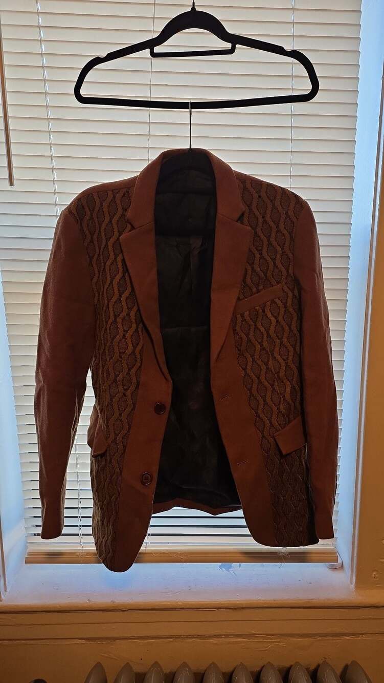 Barabas Men's Brown Wool Blend Blazer Jacket with Textured Pattern Panels